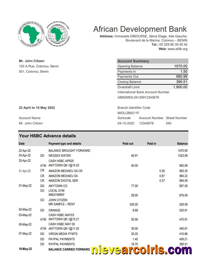 Benin African Development Bank statement xls
